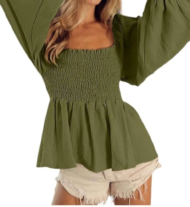 Gisselle Balloon Sleeve Top In Olive Bid Farewell To The Old Season