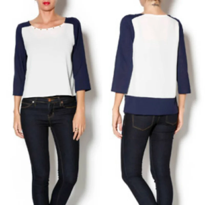 Gold Studded Long Sleeve Top In Navy Limited Time Offer