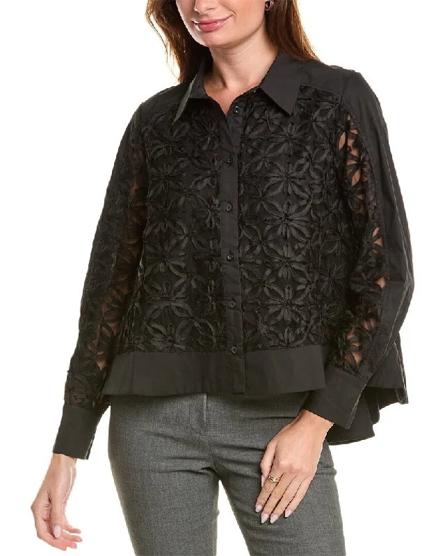 Gracia Contrast Mesh Embroidered High-Low Shirt Hot Trends