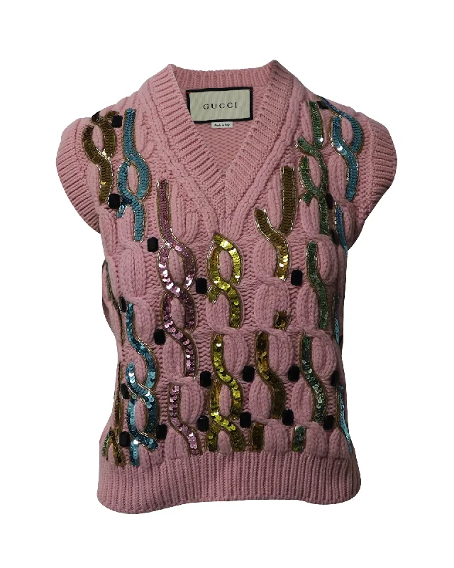 Gucci Embellished Cable Knit Vest in Pink Wool Must-Have Styles