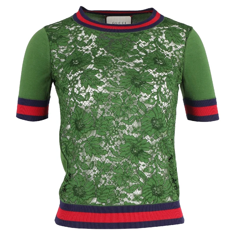 Gucci Knitted Floral Lace With Webbing Collar and Hems Top in Green Cotton Trendy Clothing Sale