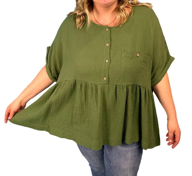 Half Button Down Gauze Babydoll Top In Green Explore What's New