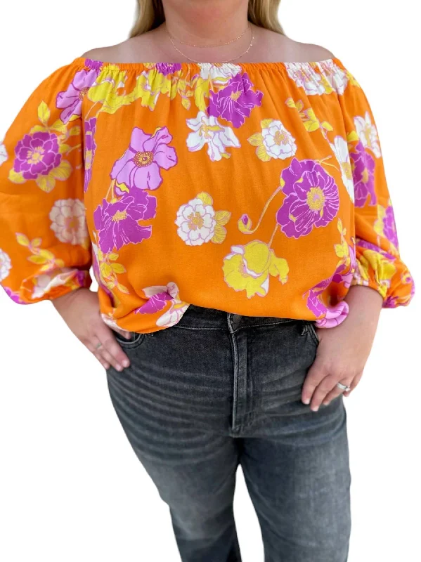 Half Sleeve Floral Print Woven Top In Orange Trend Setting Wardrobe