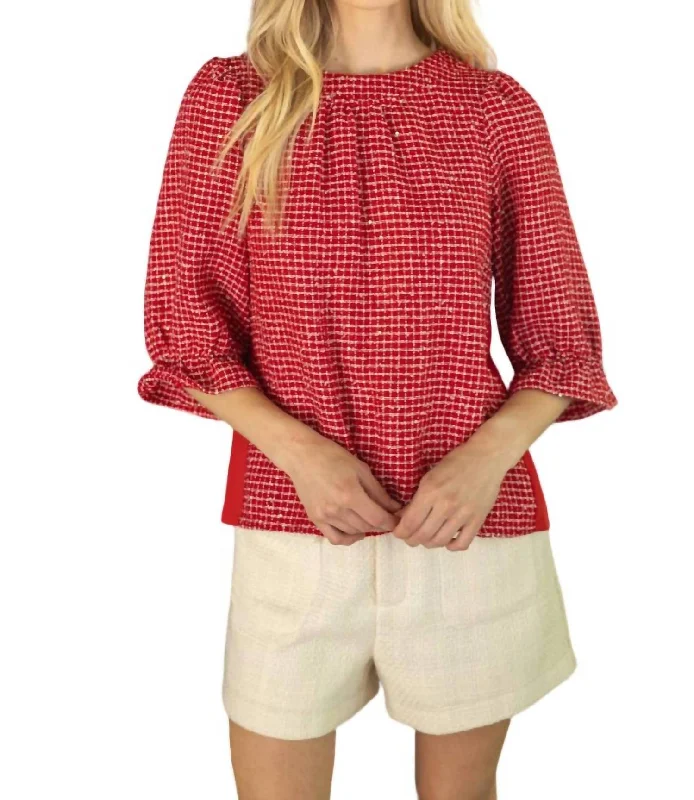 Half Sleeve Mixed Textured Tweed Chiffon Top Forward Trendsetter