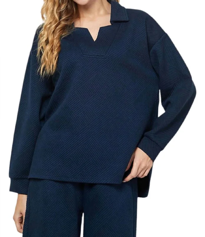 Hamptons Textured Collared Top In Navy Current Trends