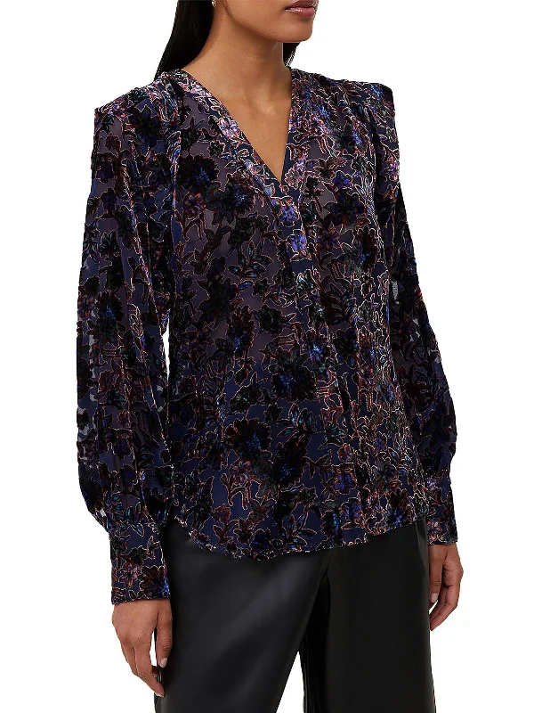 Hayden Womens Velvet V Neck Button-Down Top Fashion Frontiers