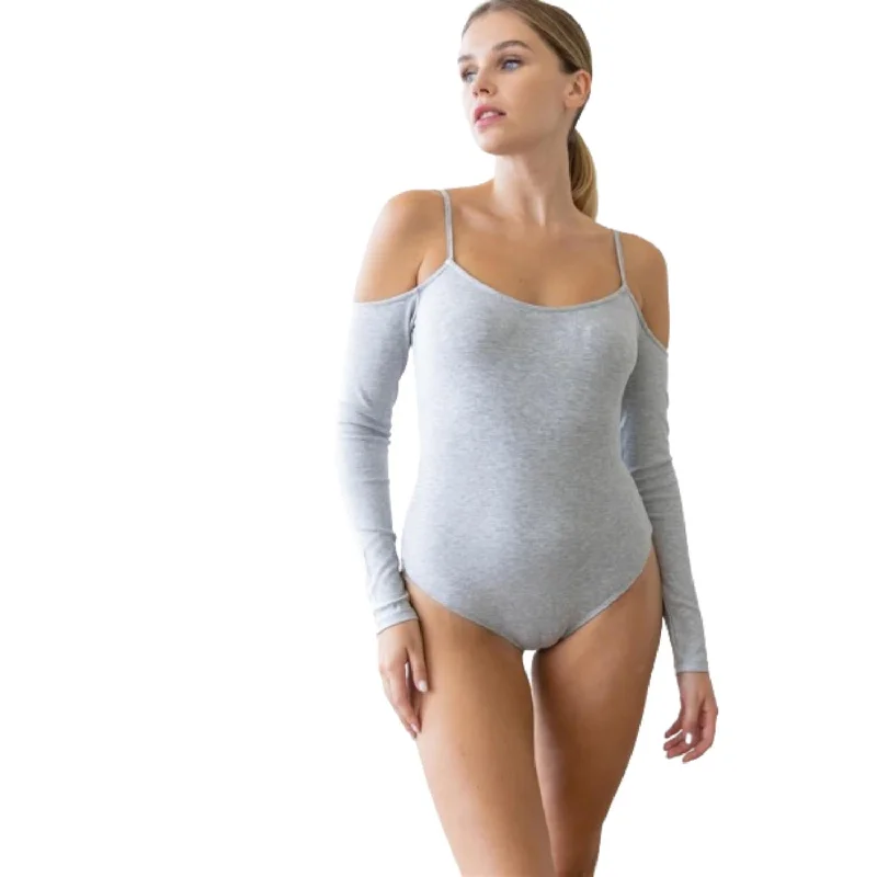 Heather Grey Ribbed Off-the-shoulder Long Sleeve Bodysuit Colorful Clothing