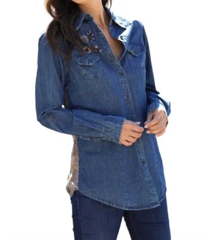 Helene Embroidered Denim Shirt With Paisley Back In Blue Season Appropriate Women's Collection