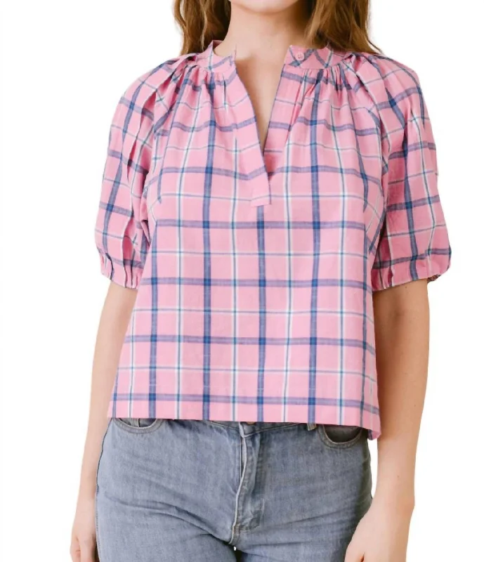 Henley Blouse In Pink Plaid End Of Month Blowout