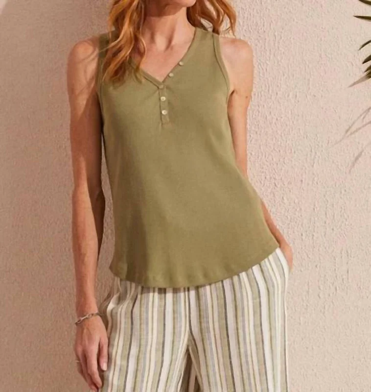 Henley Tank Top With Buttons In Cactus Limited Time Special Offer