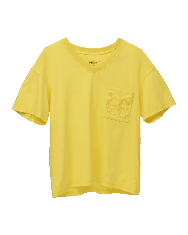 Hermes V-Neck Pocket T-Shirt in Yellow Cotton Elegant Style