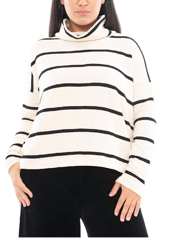 High Neck Striped Long Sleeve Top In Crm/blk Feminine Elegance