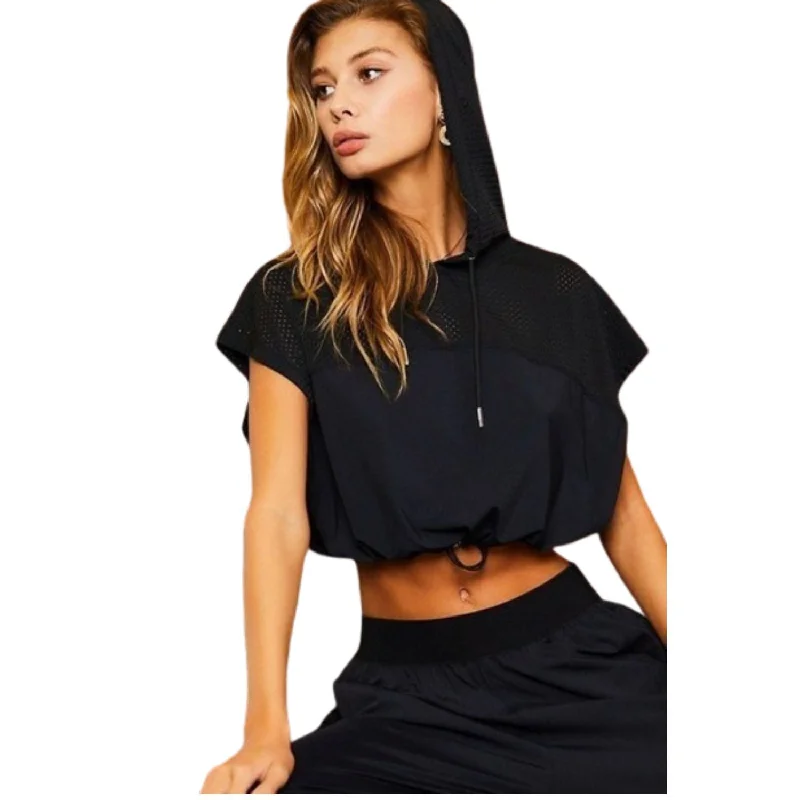 Hoodie Waist Adjustable Contrast Mesh Crop Top Elegant Style