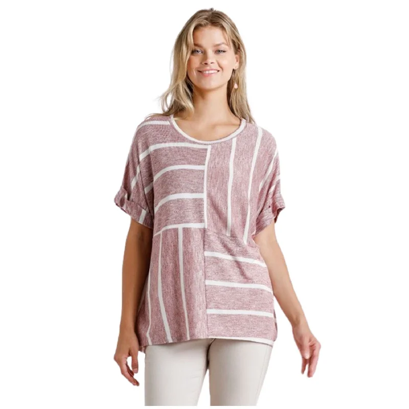 Horizontal And Vertical Striped Short Folded Sleeve Top With High Low Hem Timeless Elegance Redefined