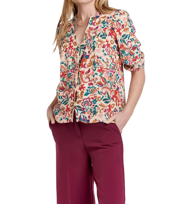 Irina 3/4 Sleeve Button Down Blouse In Raspberry Bloom Chic Trends Unveiled