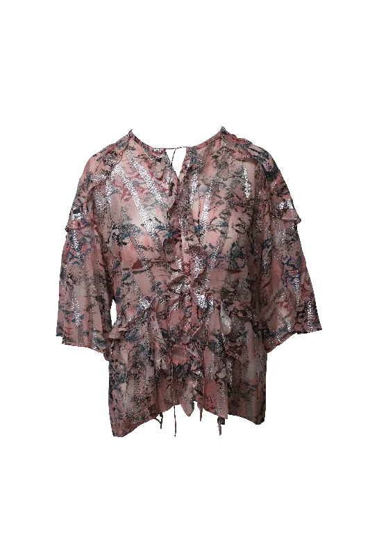 Iro Open-back Metallic Fil Coupé Chiffon Blouse in Pastel Pink Silk Casual Chic Clothing