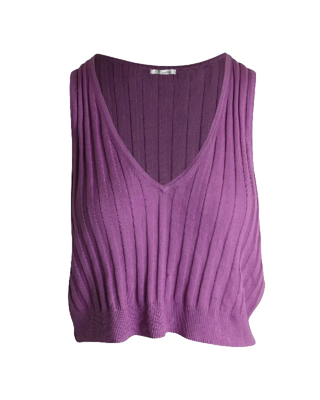 IRO V-Neck Ribbed Crop Top in Purple Silk Statement Piece