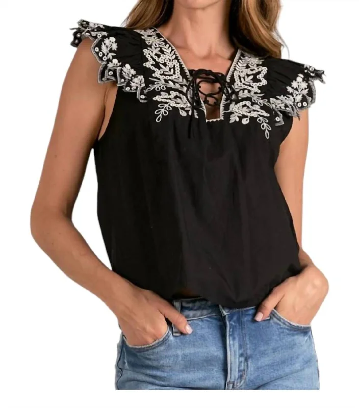 Jacklyn Flutter Sleeve Embroidered Top In Black Natural Seasonal Picks