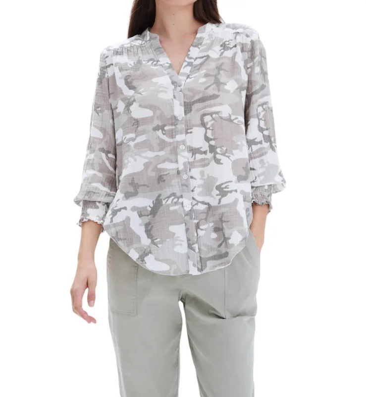 Jenny Collarless Shirt In Grey Camo Fashionista Favorites