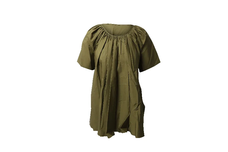 Jil Sander Gathered Short Sleeves Top in Olive Green Cotton Luxury Style