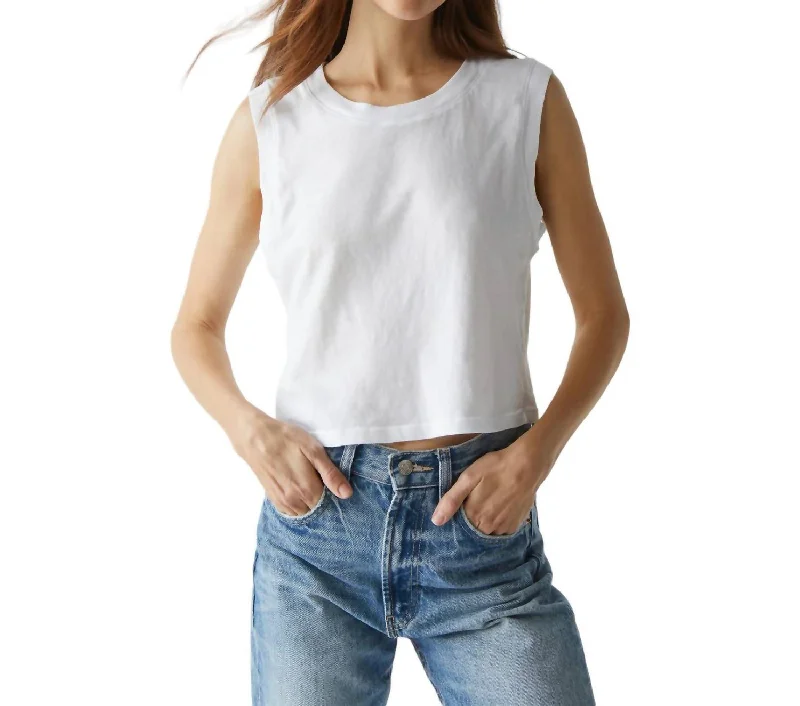 Johnnie Vintage Jersey Crop Tank Top In White End Of Season Clearance