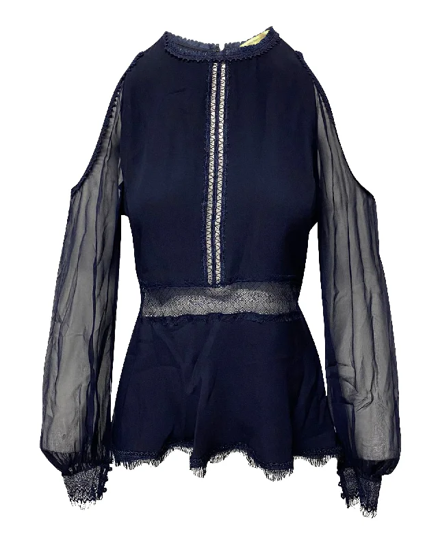 Jonathan Simkhai Cold Shoulder Lace Trim Blouse in Blue Silk Fashion Essentials