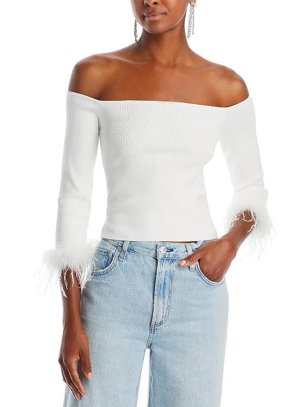 Joyce Womens Faux Feather Trim Off The Shoulder Cropped Sophisticated Cut