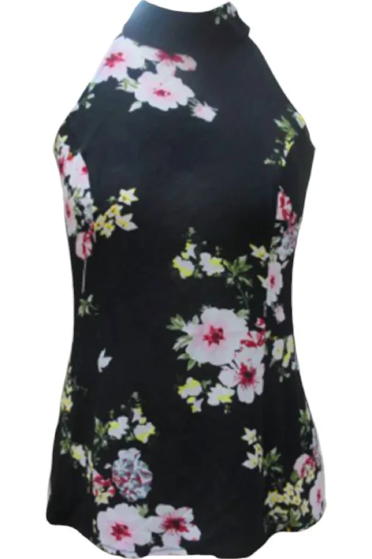 Kerri Floral High Neck Tank Top In Black Trend Forward Women's Wear