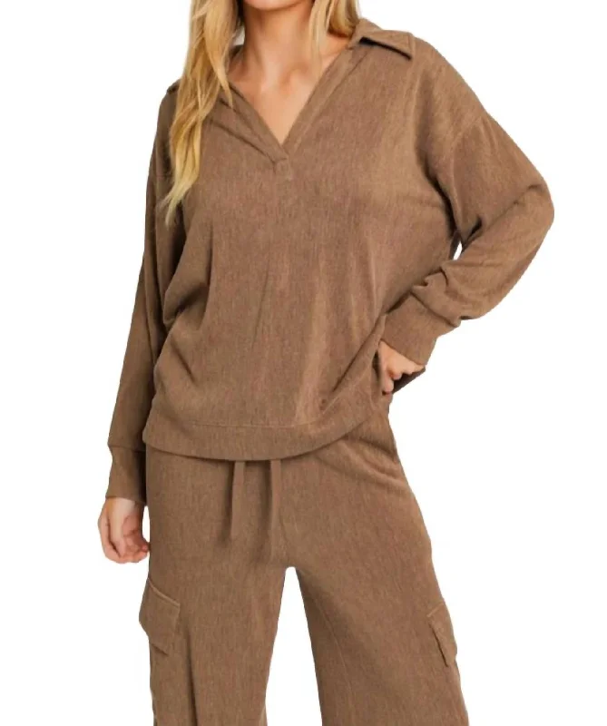 Kerry Long Sleeve Polo Top In Mocha Evening Elegance