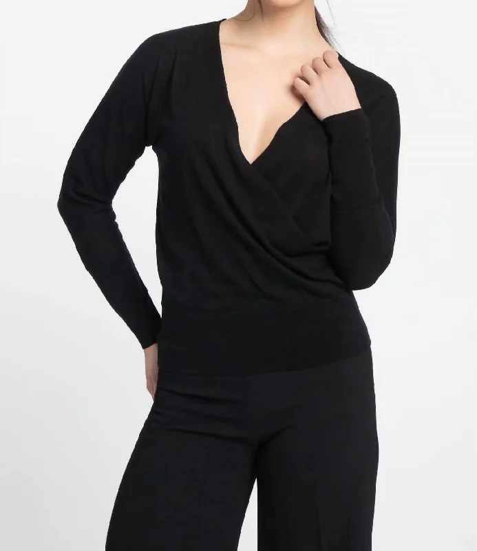 Knit Surplice V-Neck Long Sleeve Top In Black Additional Time-Limited Offers