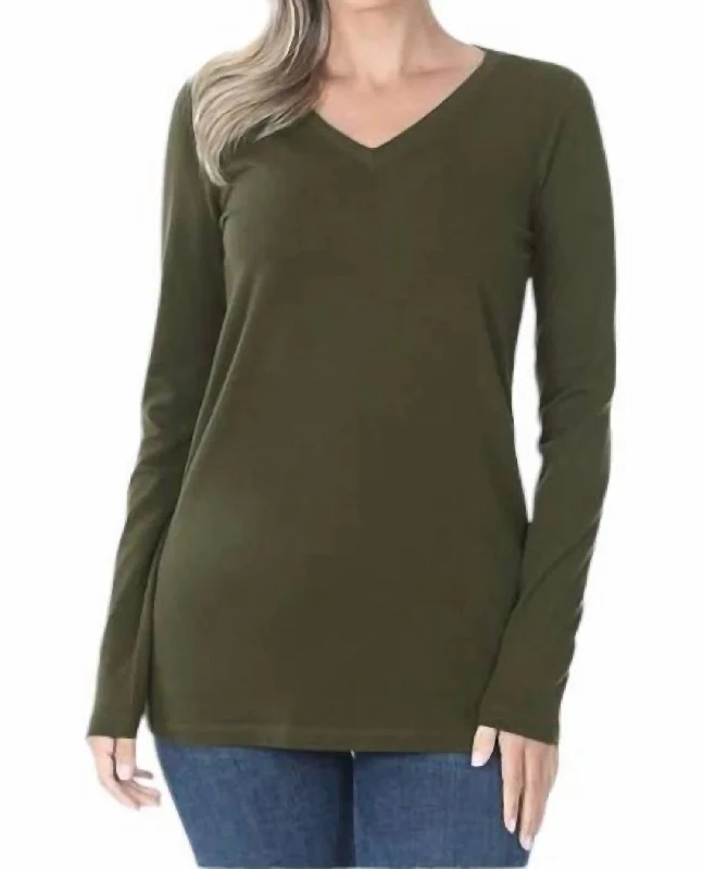 Kristy V-Neck Long Sleeve Top In Dark Olive Comfort First Women's Wear