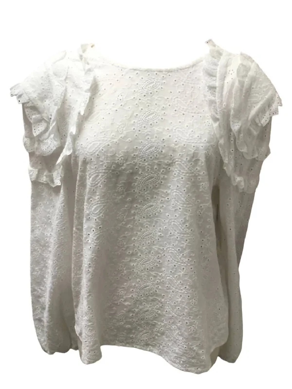 Lace Detail Power Shoulder Top In White Feminine Elegance