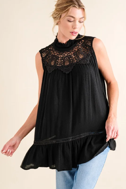 Lace Detail Sleeveless Ruffled Top Mid - Week Surprise