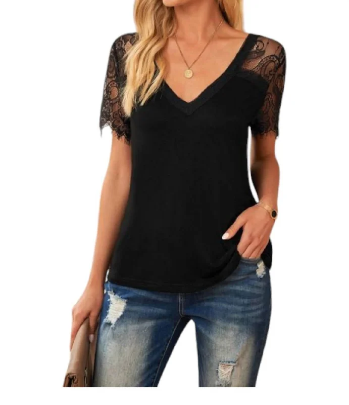 Lace Sleeve Top In Black Casual Elegance