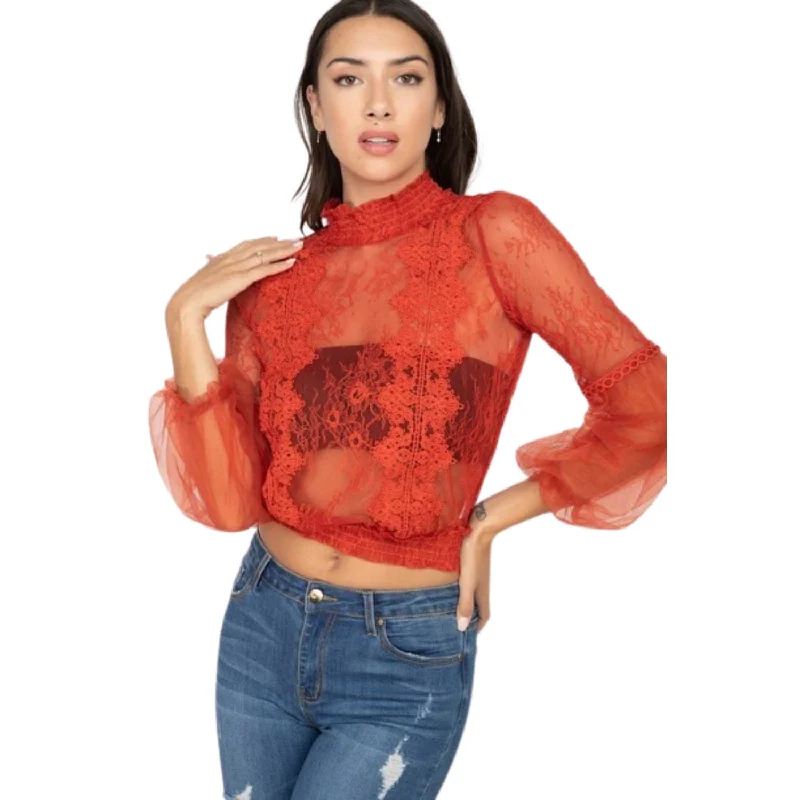 Lace Trim Balloon Sleeve Smocked Top Holiday Glam