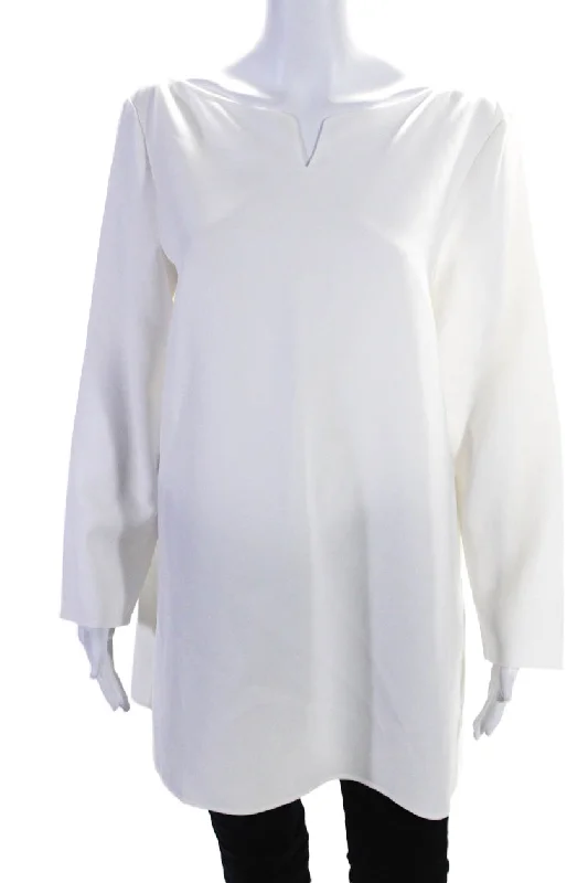 Lafayette 148 New York Womens Round Neck Long Sleeve Zipped Blouse White First Order Discount