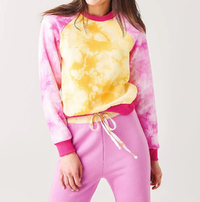 "laid Back" Crew Sweatshirt In Gold/fuschia Tie Dye Bold Patterns