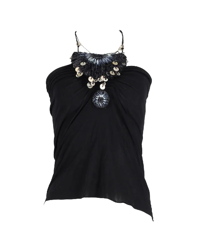 Lanvin Beaded Halterneck Draped Top in Black Viscose Clearance Event