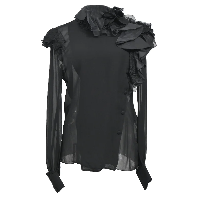 Lanvin Ruffled Lace-Trimmed Chiffon Blouse in Black Silk Classic Women's Fashion