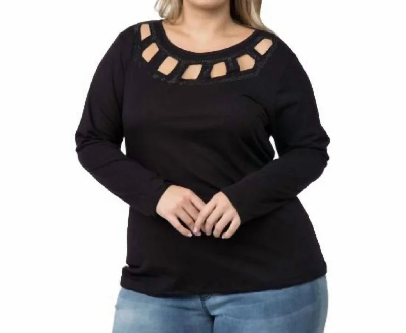 Laser Cut Neckline And Stones Top - Plus In Black Stylish Savings