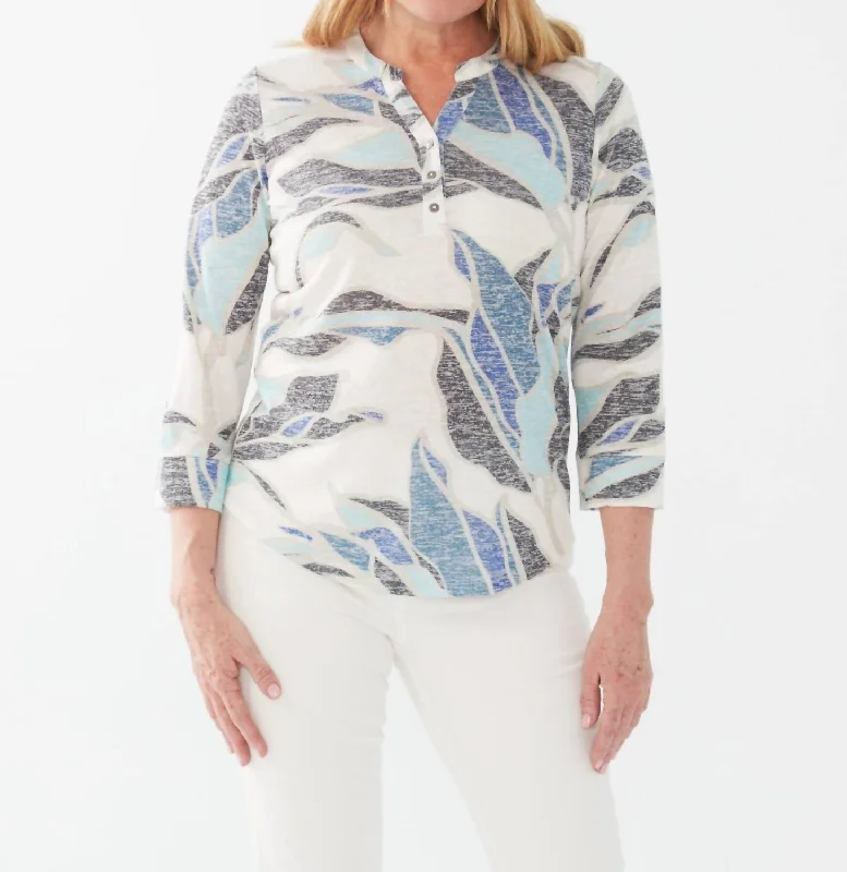 Leaf 3/4 Sleeve Henley Top In Gulla Leaf Grab Romantic Date - Night Styles Now