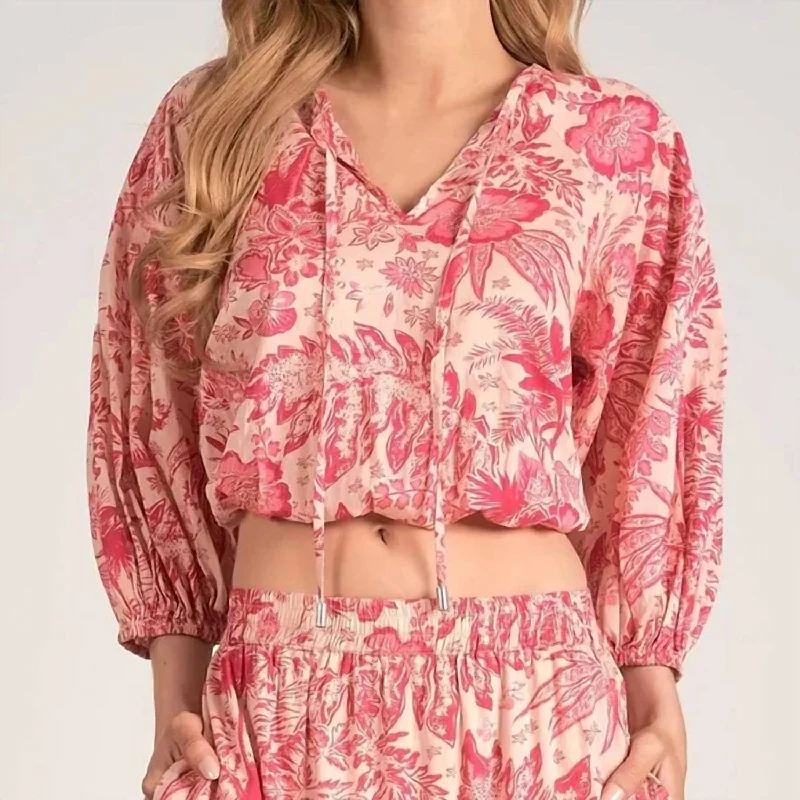 Leafy Floral Top In Pink Special Offer For You