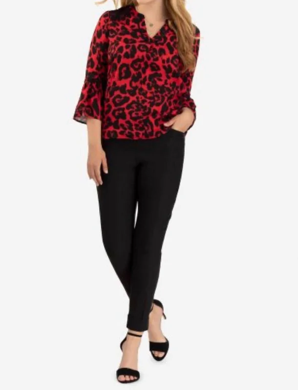 Leopard Bell Sleeve Blouse In Red Soft Textures