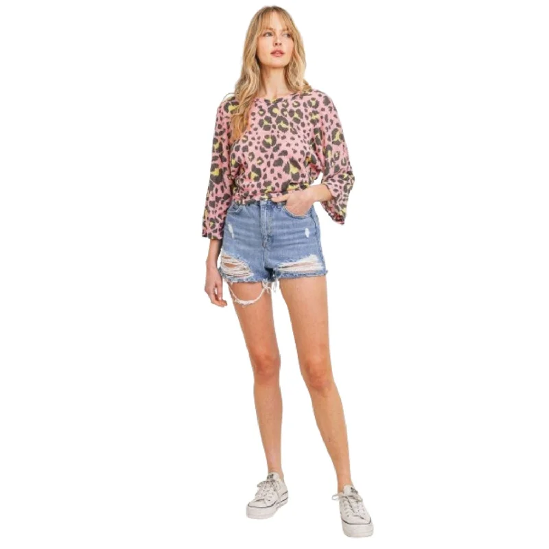 Leopard Knit Back Opened Short Sleeve Top Hurry Before It's Gone