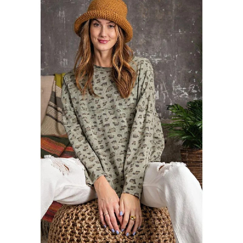 Leopard Printed Garment Dye Loose Fit Knit Top Fashion Sale