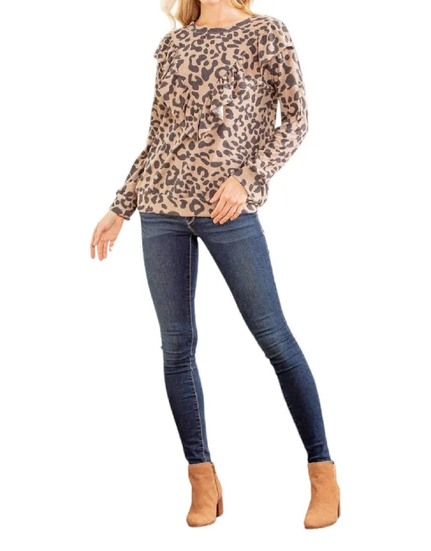 Leopard Ruffle Top In Brown Final Clearance