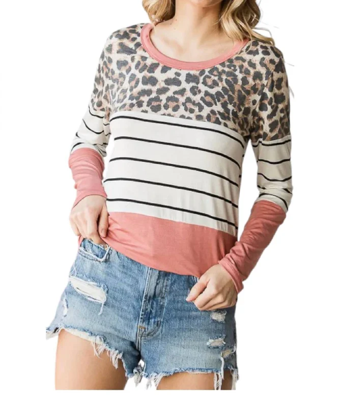 Leopard Stripe Colorblock Top In Multi Color Season Sale