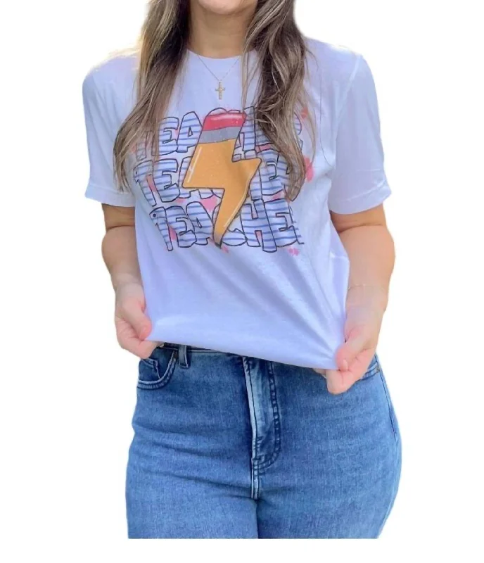 Lightening Bolt Pencil Teacher Tee In White Trend Forward Threads