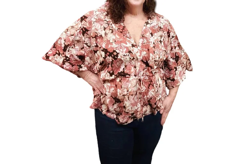 Liliana Floral Peasant Top In Pink/cream/burgundy Elegant Style