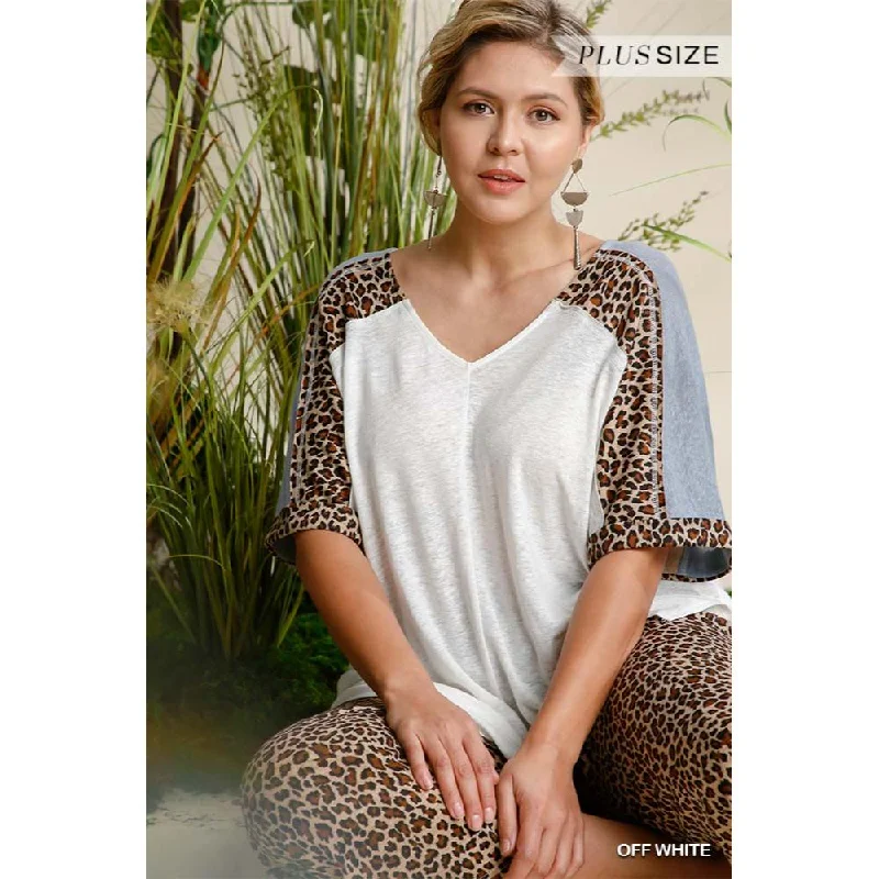 Linen Blend Animal Print See Through V-neck Colorblock Top With Side Slits Mid Season Sale